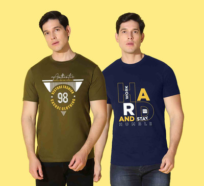 WOOSTRO Printed Men Round Neck Dark Blue, Dark Green T-Shirt