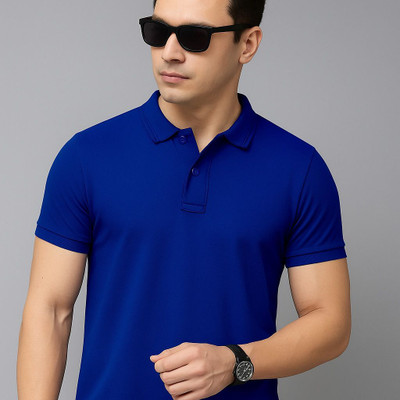 Vivaan Fab Solid Men Polo Neck Blue T-Shirt