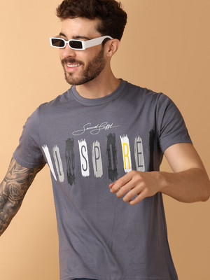 V-MART Printed Men Round Neck Grey T-Shirt