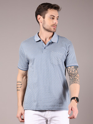 V-MART Printed Men Polo Neck Blue T-Shirt