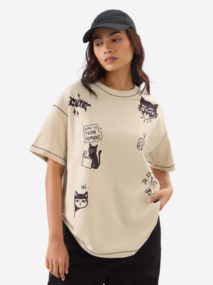 The Souled Store Graphic Print Women Round Neck Beige T-Shirt