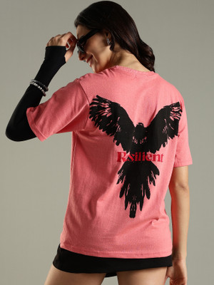 LEWEL Graphic Print Women Round Neck Pink T-Shirt