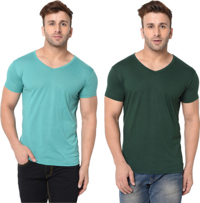 Tresna Trending Solid Men V Neck Dark Green, Light Green T-Shirt