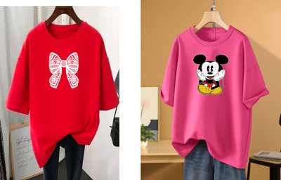 RAPTUROUS Printed Women Round Neck Red, Pink T-Shirt