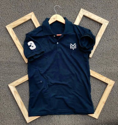 MAFURD Solid Men Polo Neck Navy Blue T-Shirt