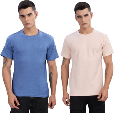Raw Purple Solid Men Round Neck Blue, Pink T-Shirt
