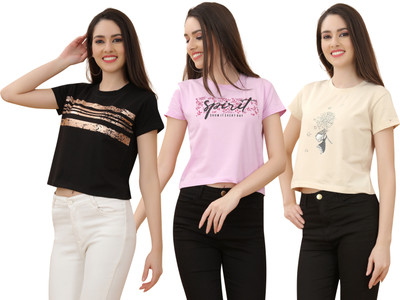 Rareleaf Printed Women Round Neck Pink, Black, Beige T-Shirt