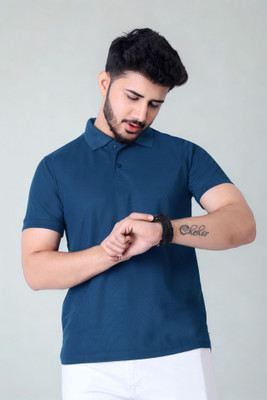 KASHIRA Solid Men Polo Neck Blue T-Shirt