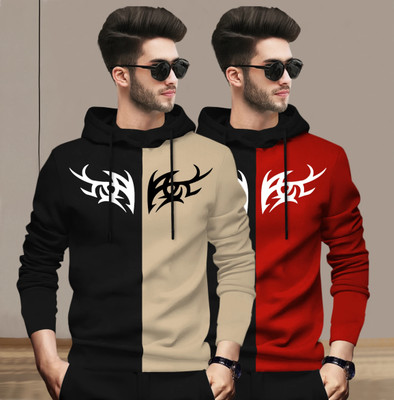 BLIVE Printed Men Hooded Neck Black, Beige, Red T-Shirt