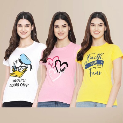 METRONAUT Printed Women Round Neck Pink, Yellow, White T-Shirt