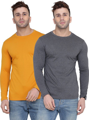Kroptee Solid Men Round Neck Grey, Yellow T-Shirt