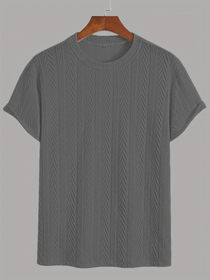 KAJARU Self Design Men Round Neck Grey T-Shirt