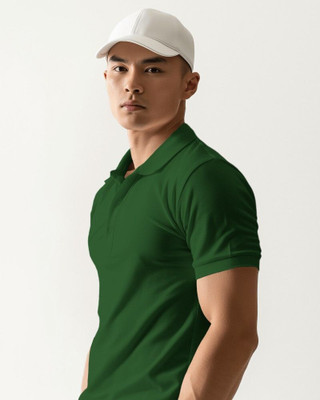 Scoot Prints Solid Men Polo Neck Dark Green T-Shirt