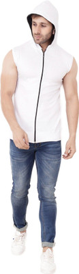 GEUM Solid Men Hooded Neck White T-Shirt