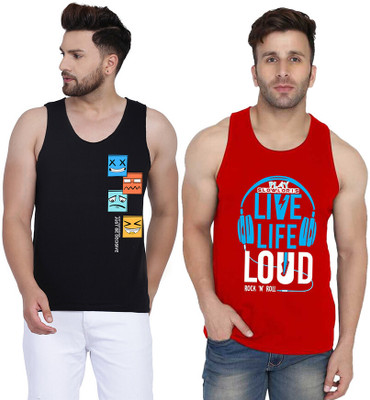 SLOWLORIS Printed Men Scoop Neck Red, Black T-Shirt
