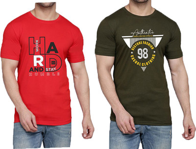 WOOSTRO Printed Men Round Neck Red, Dark Green T-Shirt