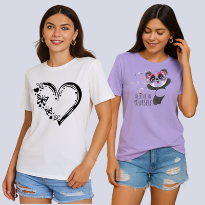 Lecowar Printed Women Round Neck White, Purple T-Shirt