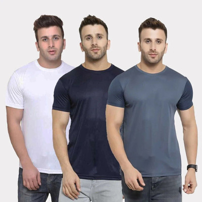 TQH Solid Men Round Neck Dark Blue, White, Grey T-Shirt