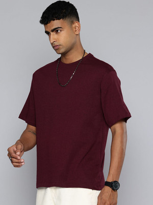 R.Code by The Roadster Life Co. Self Design Men Round Neck Maroon T-Shirt