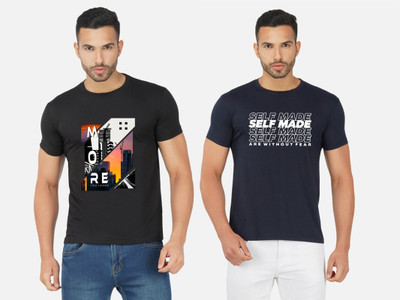 GLOBAL NOMAD Printed Men Round Neck Black, Navy Blue T-Shirt