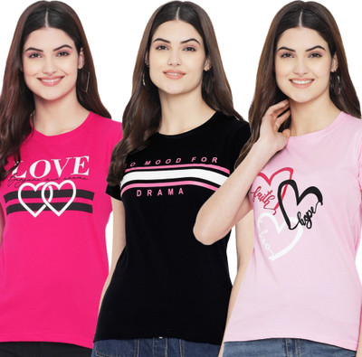Fabflee Printed Women Round Neck Pink, Black T-Shirt