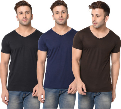 JB Jagoboy Solid Men V Neck Blue, Brown, Black T-Shirt