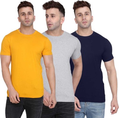 INDIZO Solid Men Round Neck Blue, Grey, Yellow T-Shirt