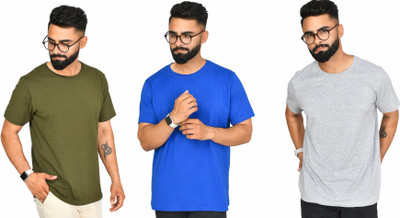 Burundi Blu Solid Men Round Neck Dark Green, Grey, Blue T-Shirt