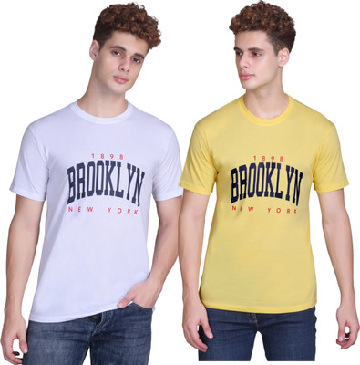 Zeffit Printed Men Round Neck White, Yellow T-Shirt