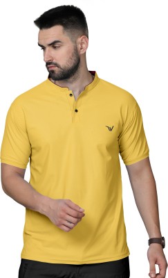 CLIENTALE. Solid Men Mandarin Collar Yellow T-Shirt