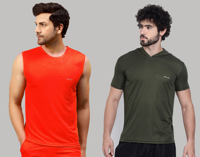 UDI n ADI Solid Men Round Neck Red, Dark Green T-Shirt