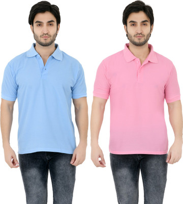 YUALIN CREATION Solid Men Polo Neck Pink T-Shirt