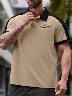 Jump Cuts Solid Men Polo Neck Beige T-Shirt