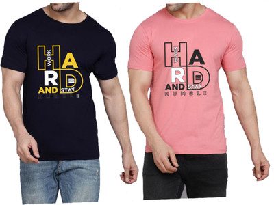 WOOSTRO Printed Men Round Neck Dark Blue, Pink T-Shirt
