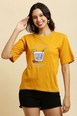 Purser Printed Women Round Neck Yellow T-Shirt