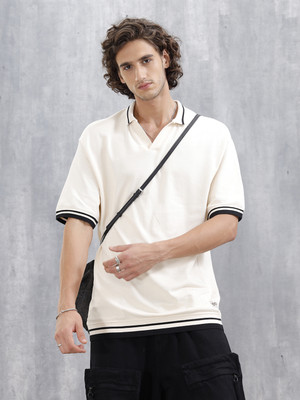 WROGN Solid Men Polo Neck Beige T-Shirt