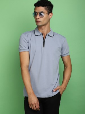 V-MART Solid Men Polo Neck Grey T-Shirt