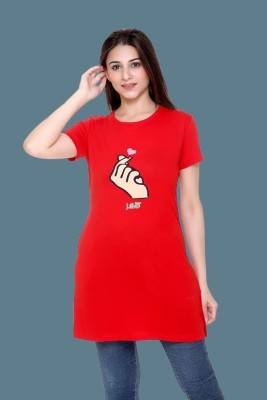 plush Graphic Print Women Round Neck Red T-Shirt