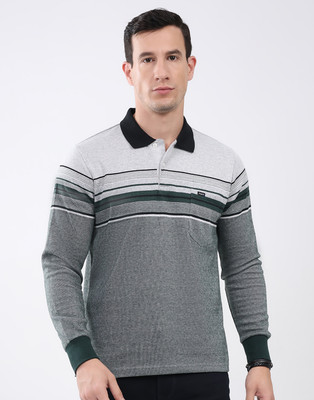 MONTE CARLO Striped Men Polo Neck Green, Grey T-Shirt