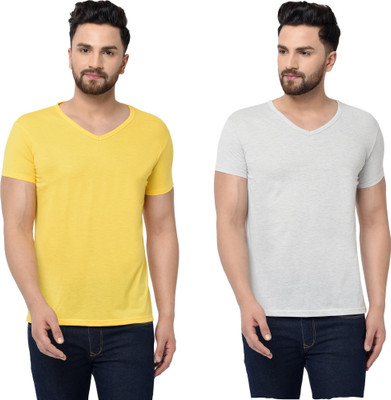 Tresna Trending Solid Men V Neck Grey, Yellow T-Shirt