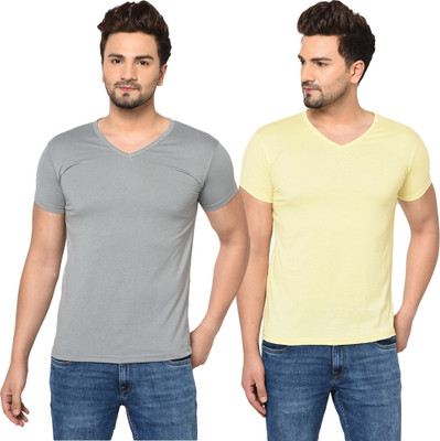 Tresna Fab Solid Men V Neck Grey, Yellow T-Shirt
