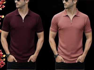 The Stanch Self Design Men Zip Neck Pink, Maroon T-Shirt