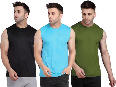 Think Tech Solid Men Round Neck Black, Light Blue, Dark Green T-Shirt