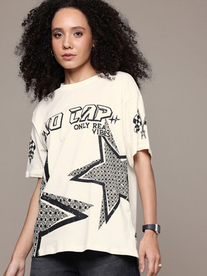 Roadster Printed Women Round Neck White T-Shirt