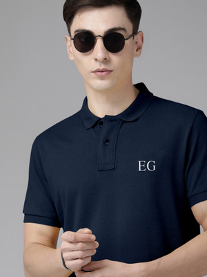 THE EG STORE Solid Men Polo Neck Navy Blue T-Shirt