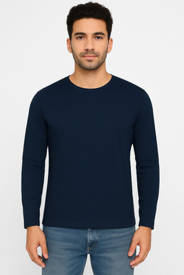 LARRY & EVA Solid Men Round Neck Navy Blue T-Shirt