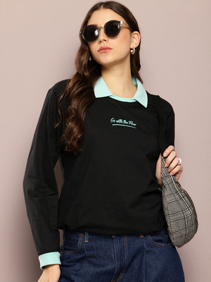 DILLINGER Printed Women Polo Neck Black T-Shirt