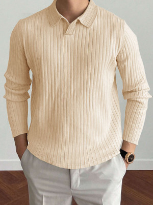 EyeBogler Solid Men Polo Neck Beige T-Shirt