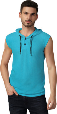 GEUM Solid Men Hooded Neck Light Green T-Shirt