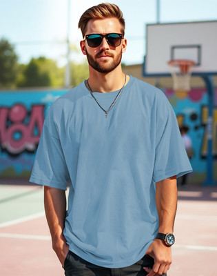 Zoomen Solid Men Round Neck Light Blue T-Shirt